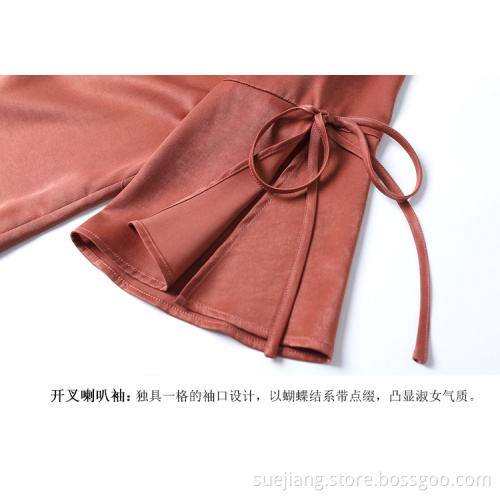 Fashion Cutting V-neck Solid Color Silk Sweet Top
